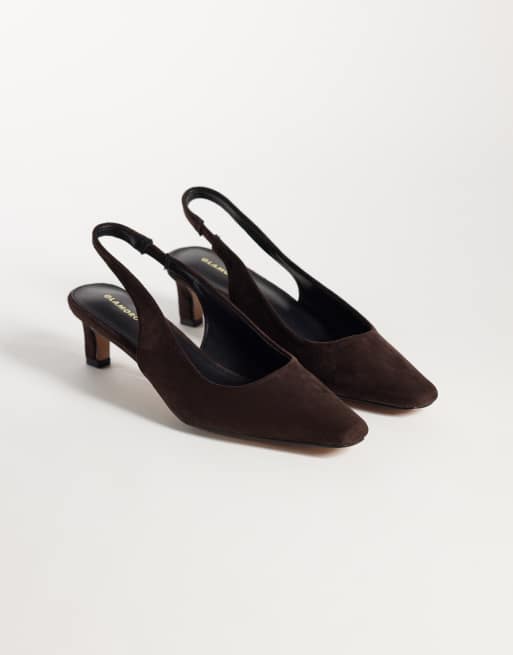 Glamorous slingback kitten heel shoes in brown suedette, 4 of 4