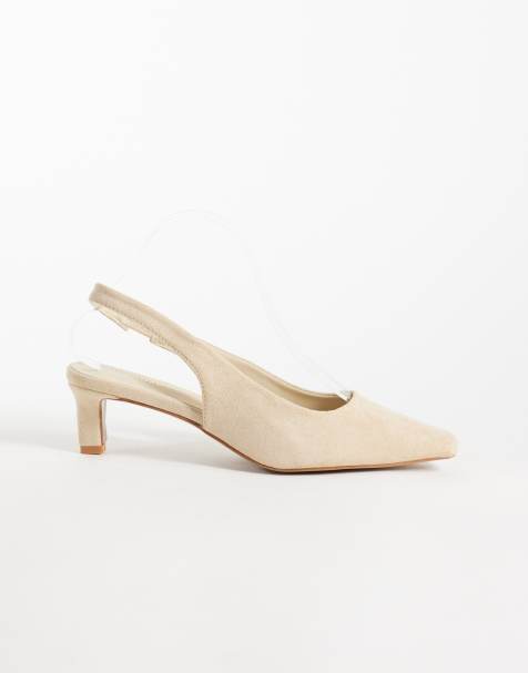 Glamorous slingback kitten heel shoes in cream suedette - view 1