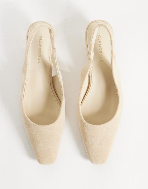 Glamorous slingback kitten heel shoes in cream suedette, 2 of 4