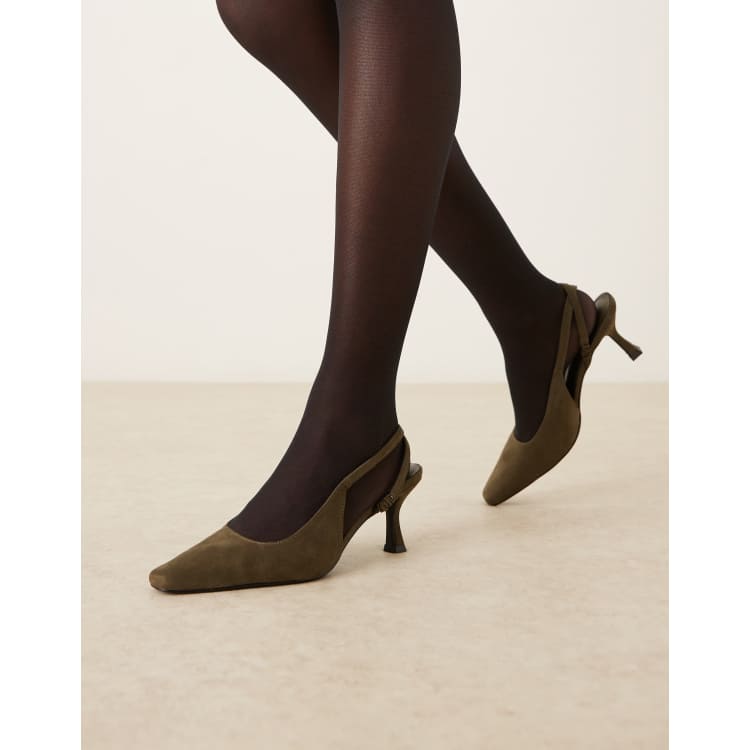 Glamorous slingback kitten heel shoes in khaki suede ASOS