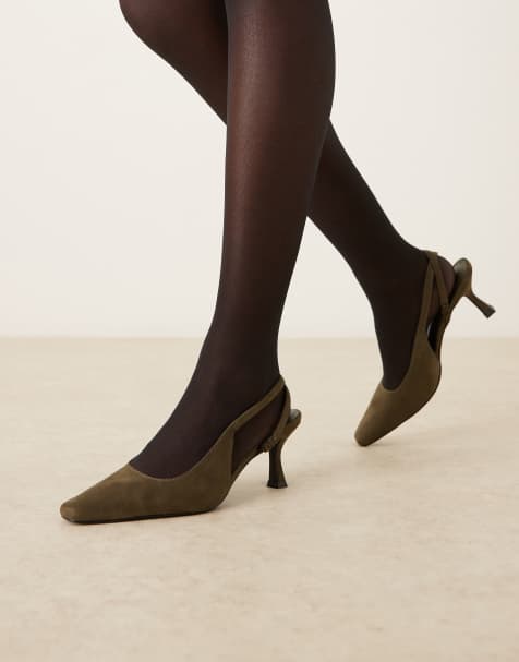 Glamorous slingback kitten heeled shoes in khaki suede - view 1