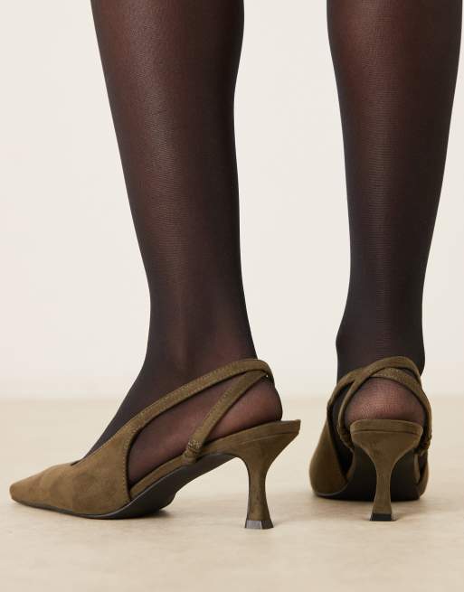 Glamorous slingback kitten heeled shoes in khaki suede, 3 of 4