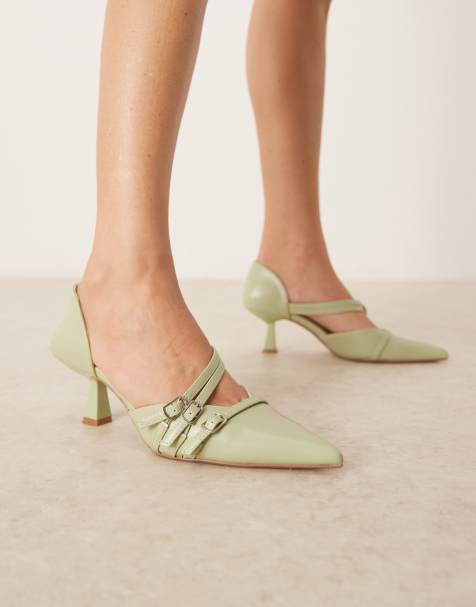 Glamorous slingback kitten heeled shoes in sage - view 1