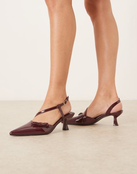 Glamorous slingback kitten heeled shoes with bow in burgundy - view 1