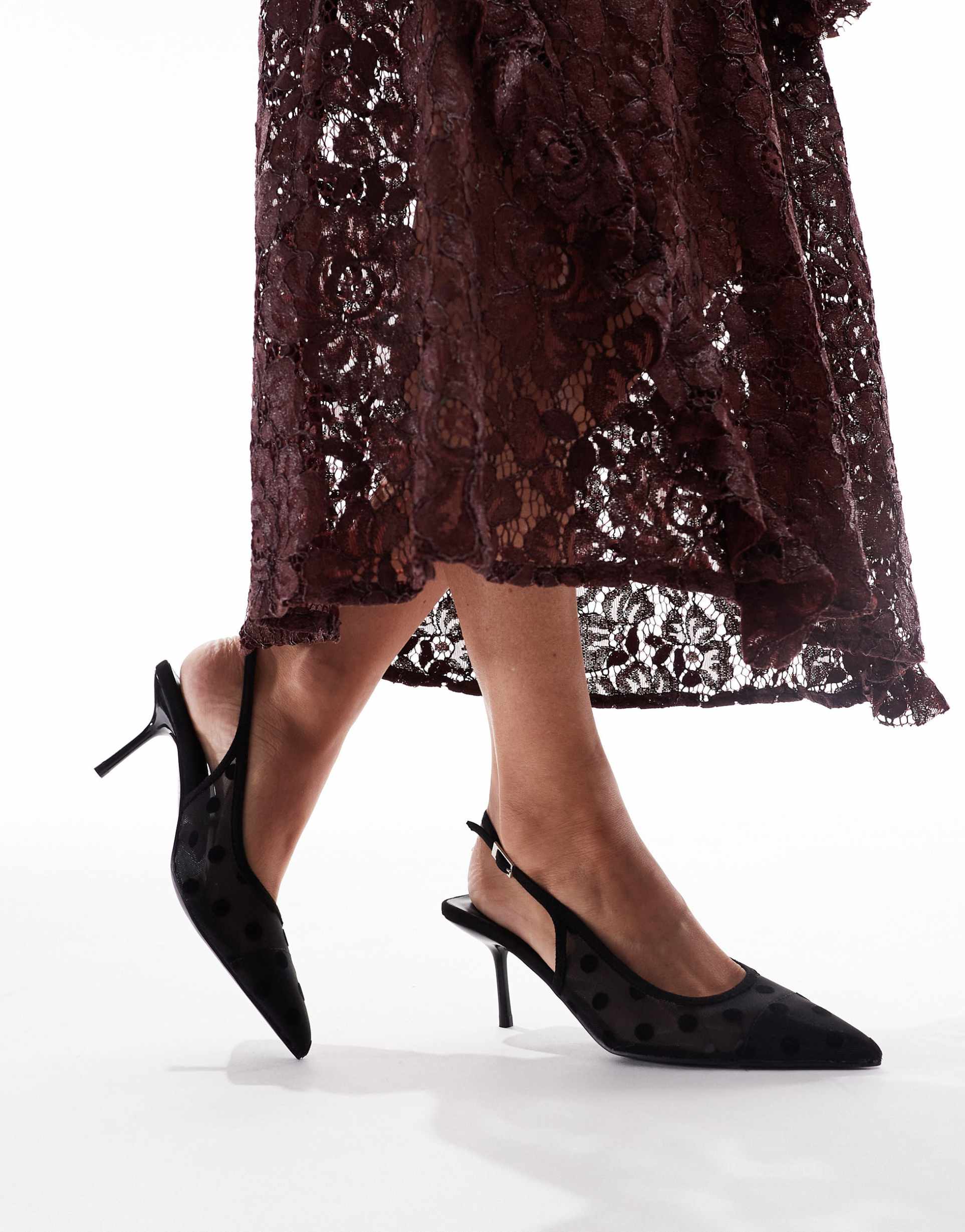 glamorous slingback pumps in mesh black polka dots