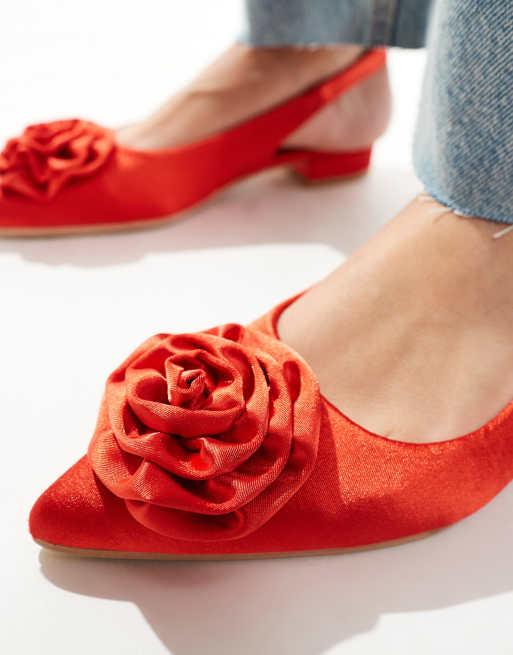 Glamorous slingback rosette pointed toe flats in black red