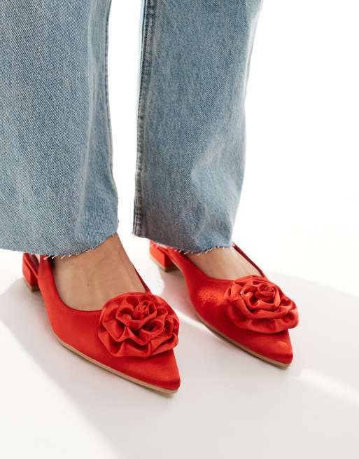 Glamorous slingback rosette pointed toe flats in red ASOS