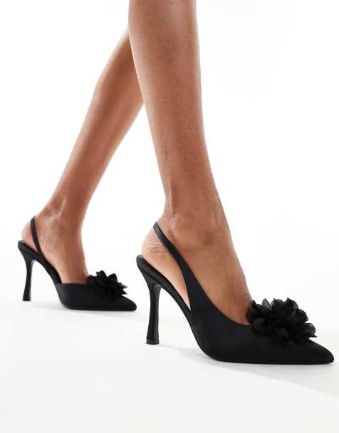 Glamorous - Slingback schoenen met hak en bloem in zwart - view 1