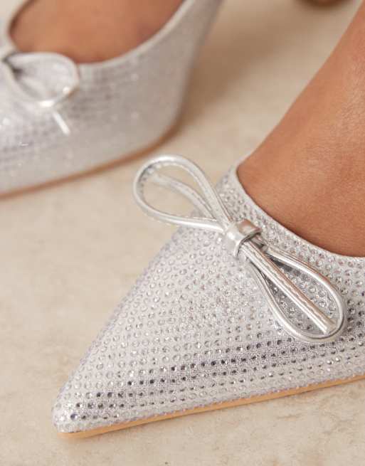 Glamorous - Slingback schoenen met kitten hak en strik en versiering in zilver, 2 van 4