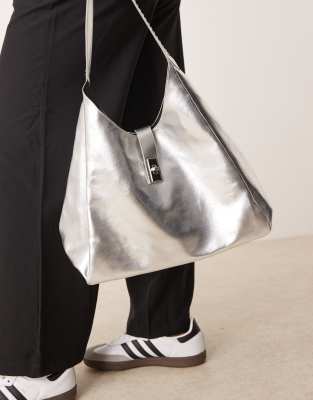 slouch clasp detail large tote bag in silver