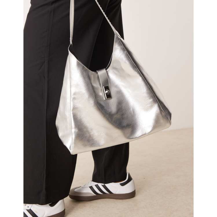 Glamorous slouch clasp detail large tote bag in silver | ASOS