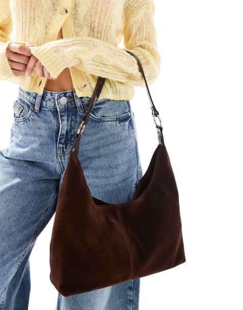 Glamorous slouch faux suede shoulder bag in tan - view 1