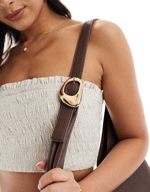 Glamorous slouch shoulder tote bag with molten buckle detail in brown, 2 of 4