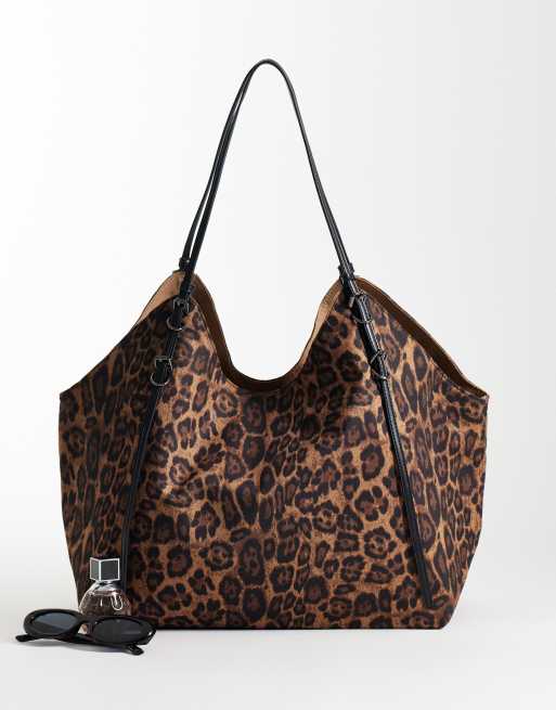 Glamorous slouchy leopard print tote bag in brown , 2 of 4