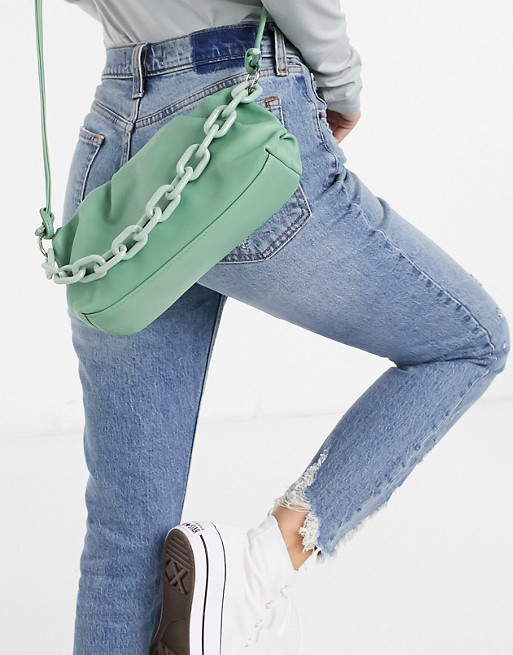 Glamorous slouchy pillow adjustable cross body bag with resin chain link handle in sage green