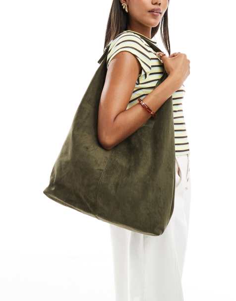 Glamorous slouchy shoulder tote bag with buckle detail in dark green - view 1