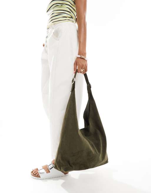 Glamorous slouchy shoulder tote bag with buckle detail in dark green