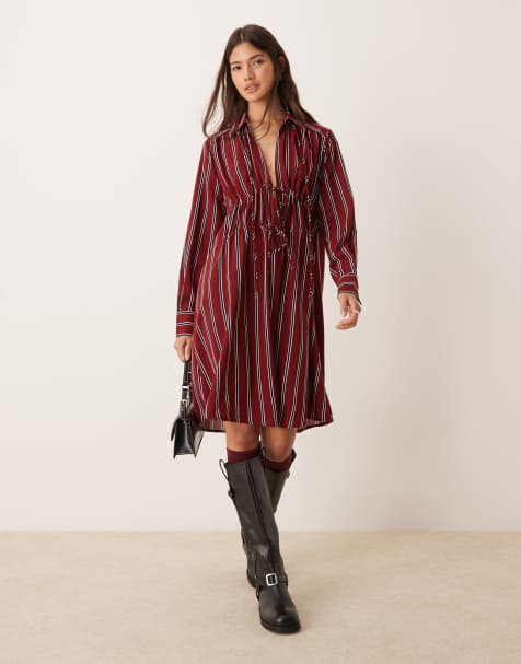 Glamorous smock chuck on dress with bow tie front in burgundy navy stripe - view 1