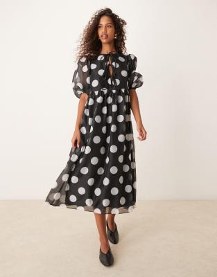 Glamorous smock dress with puff sleeves in black and white polka dot