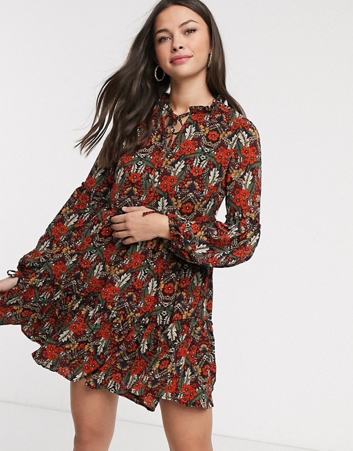 Glamorous smock dress with tie neck in multi floral