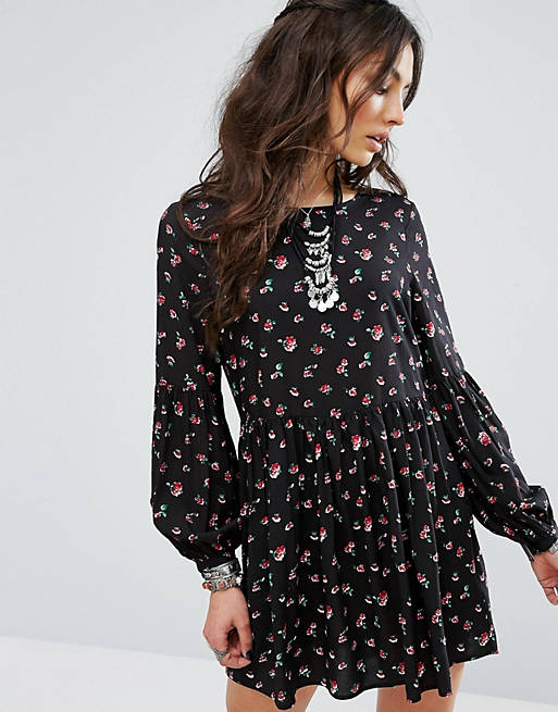 Glamorous Smock Dress With Wide Sleeves In Rose Print