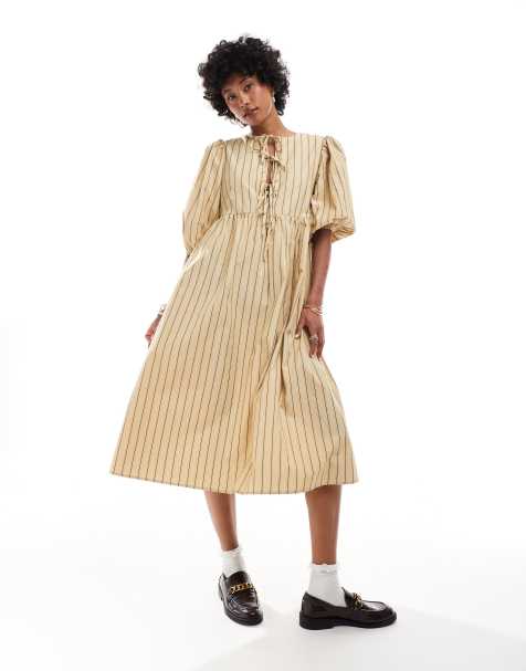 Glamorous smock midi dress with bow front in beige brown stripe - view 1