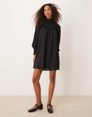 Glamorous smock ruffle high neck mini dress in polka dot