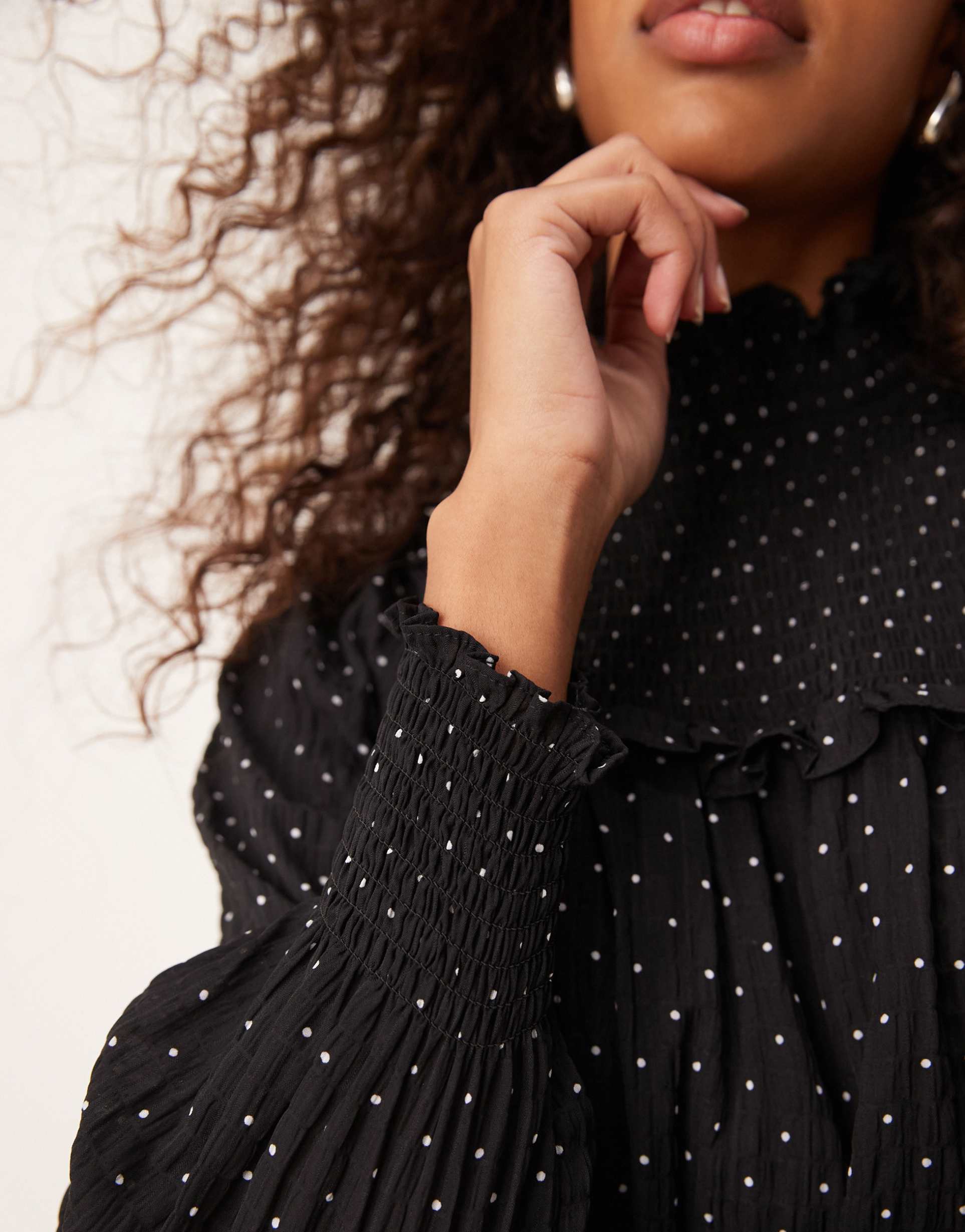 glamorous smock ruffle high neck mini dress in polka dot