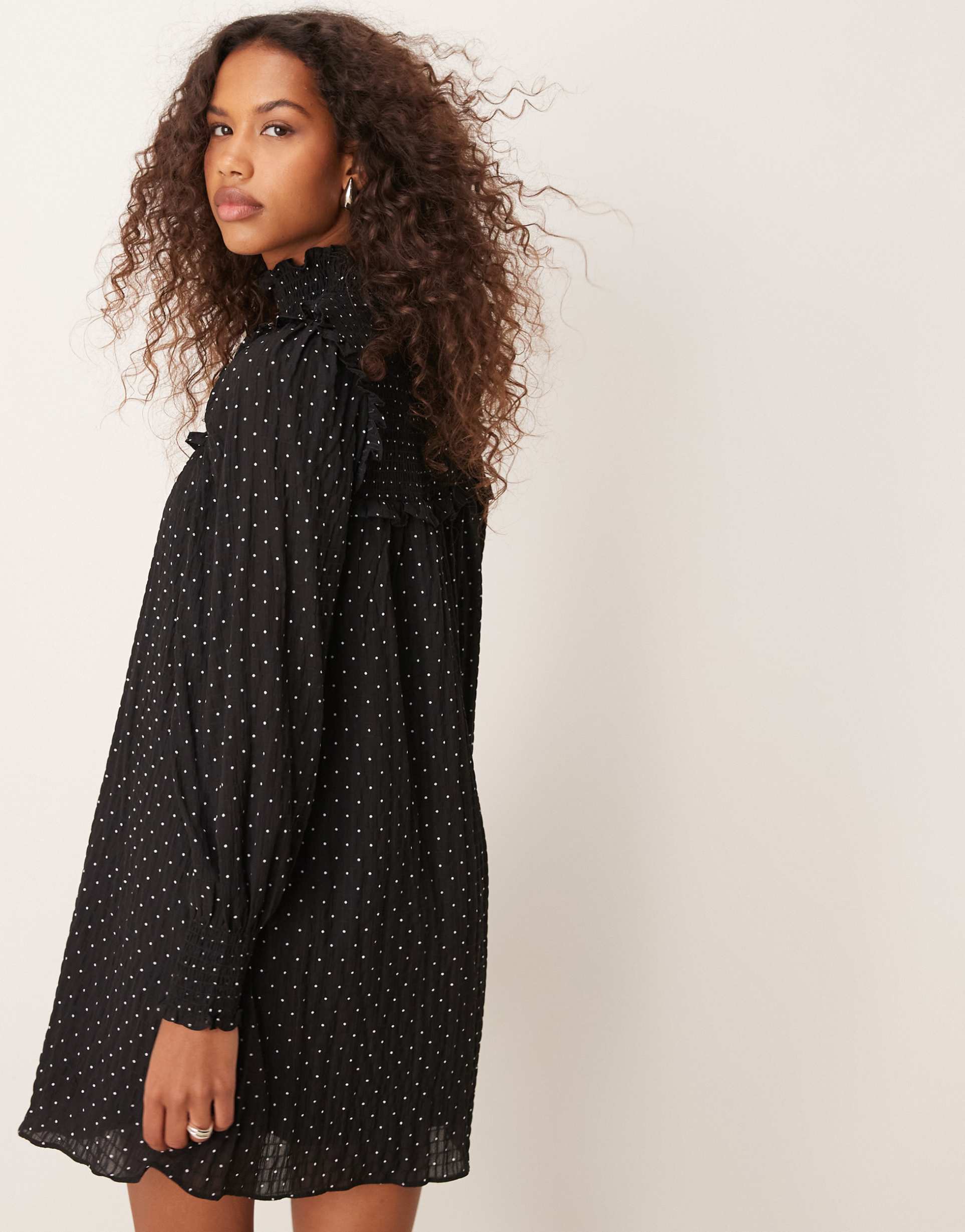 glamorous smock ruffle high neck mini dress in polka dot