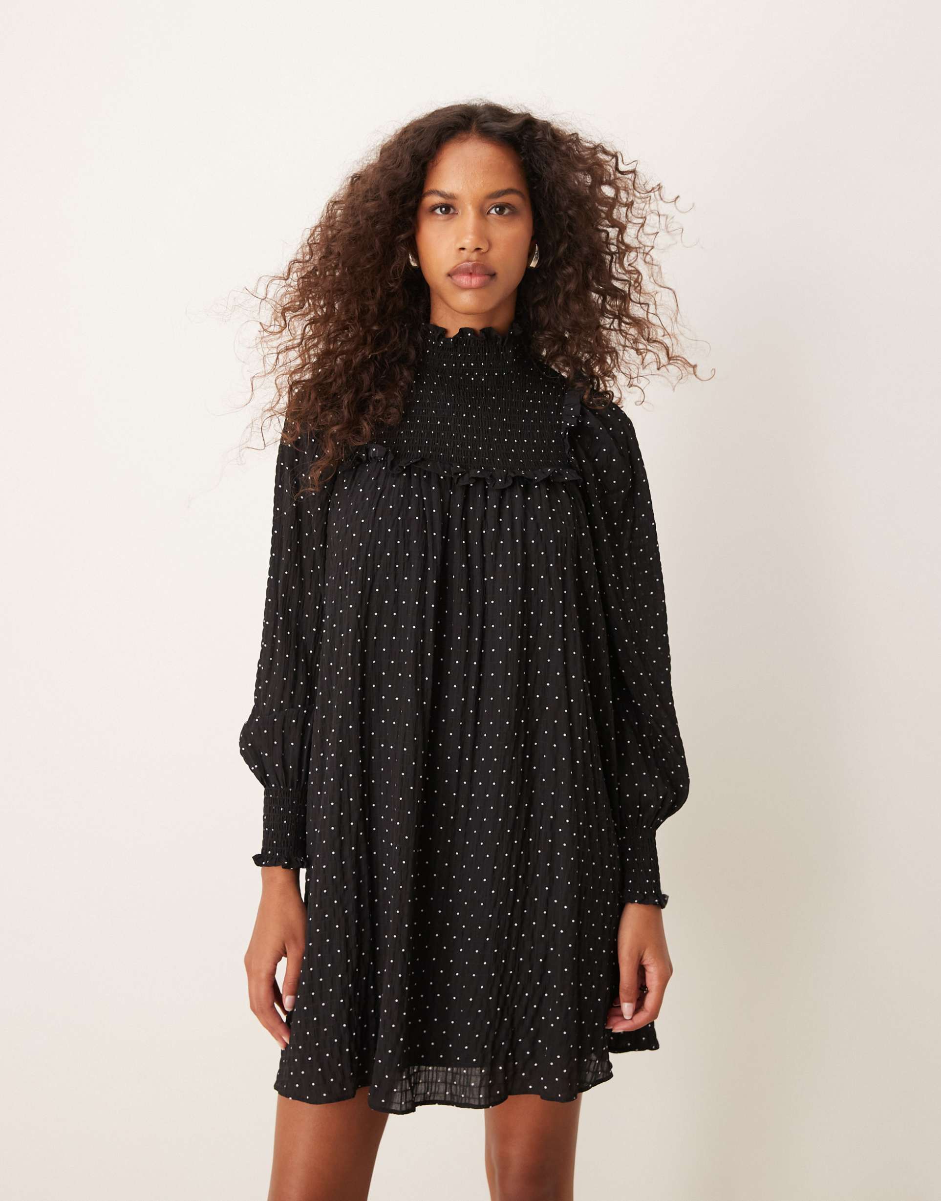 glamorous smock ruffle high neck mini dress in polka dot