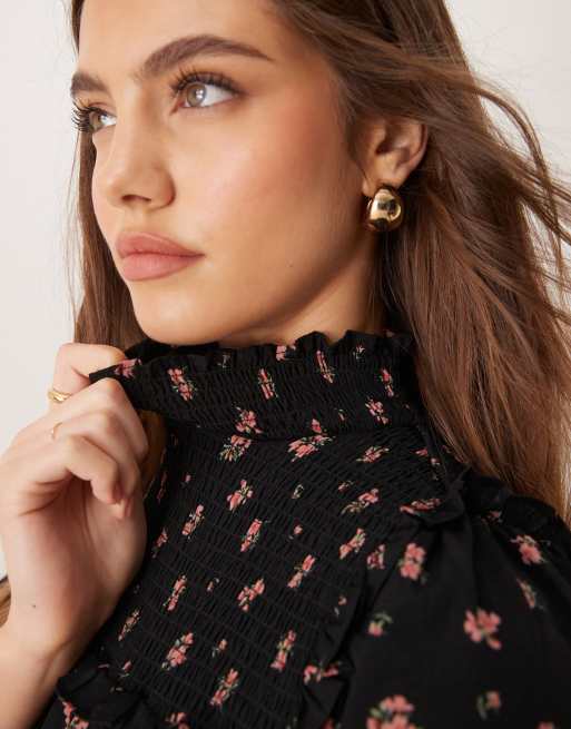 Glamorous smock ruffle high neck mini dress in red ditsy floral
