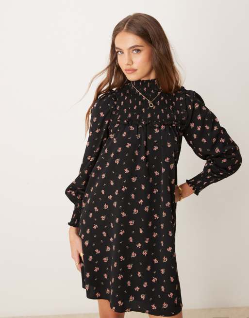 Glamorous smock ruffle high neck mini dress in red ditsy floral