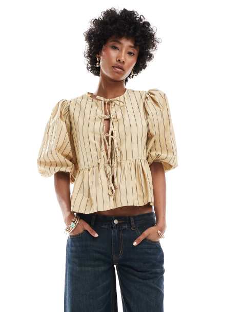 Glamorous smock top with bow front in beige brown stripe - view 1