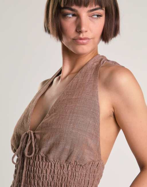 Glamorous Smocked halter top in mid brown fleck, 2 of 4
