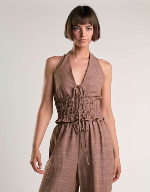 Glamorous Smocked halter top in mid brown fleck, 3 of 4