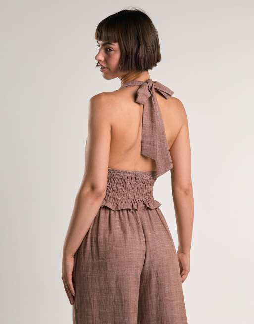 Glamorous Smocked halter top in mid brown fleck, 4 of 4