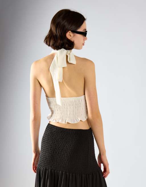 Glamorous Smocked halter top in white, 2 of 4