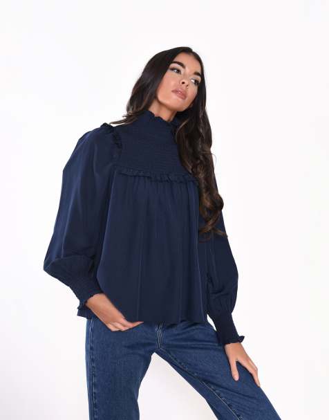 Glamorous smocked high neck blouse in navy  - view 1
