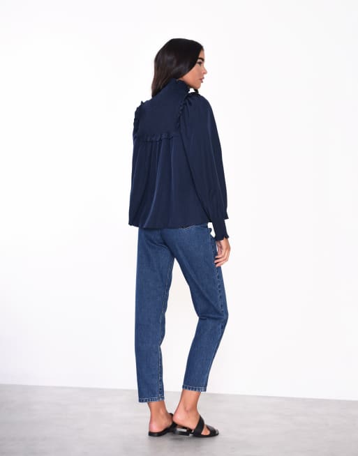 Glamorous smocked high neck blouse in navy , 2 of 3