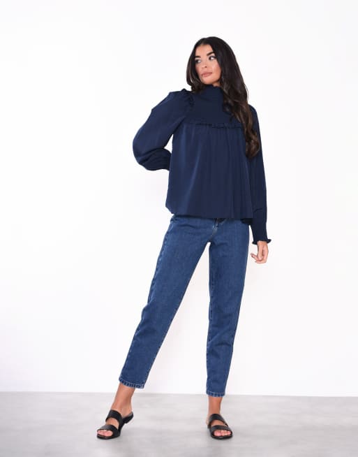 Glamorous smocked high neck blouse in navy , 3 of 3