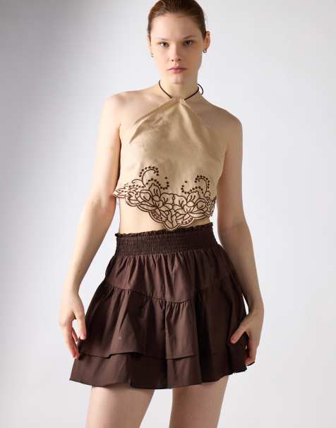 Glamorous Smocked ruffle mini skirt in brown