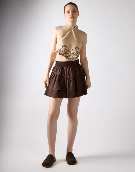 Glamorous Smocked ruffle mini skirt in brown, 3 of 4