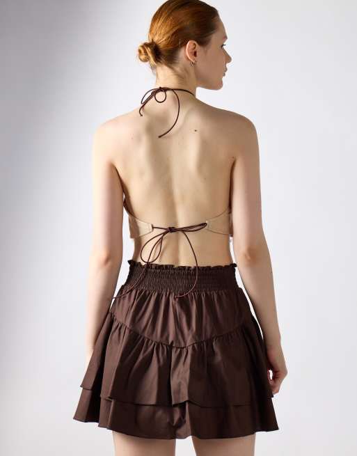 Glamorous Smocked ruffle mini skirt in brown, 4 of 4