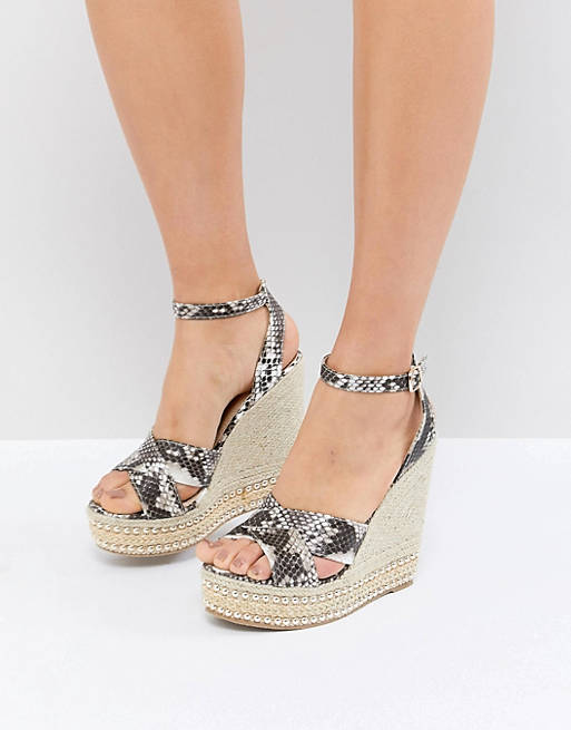 Glamorous Snake Print Studded Wedge Sandals