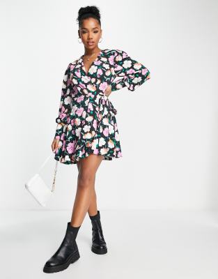 Glamorous soft floral print ruffle wrap mini dress in black and lilac