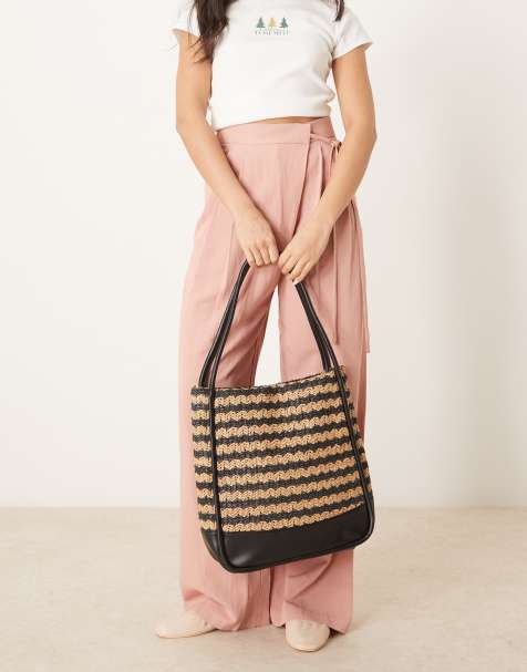 Glamorous - Sort/naturfarvet tote-taske med striber i strå - view 1