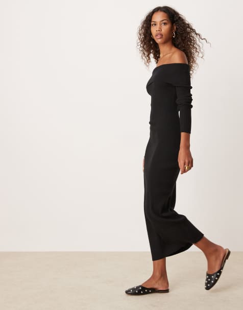 Glamorous - Sort-strikket offshoulder-maxikjole - view 1