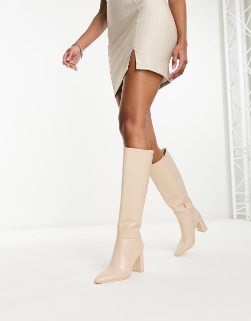 Glamorous – Spitze, kniehohe Stiefel in Knochenweiß