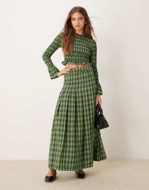 Glamorous maxi kilt skirt in brown and green check co-ord