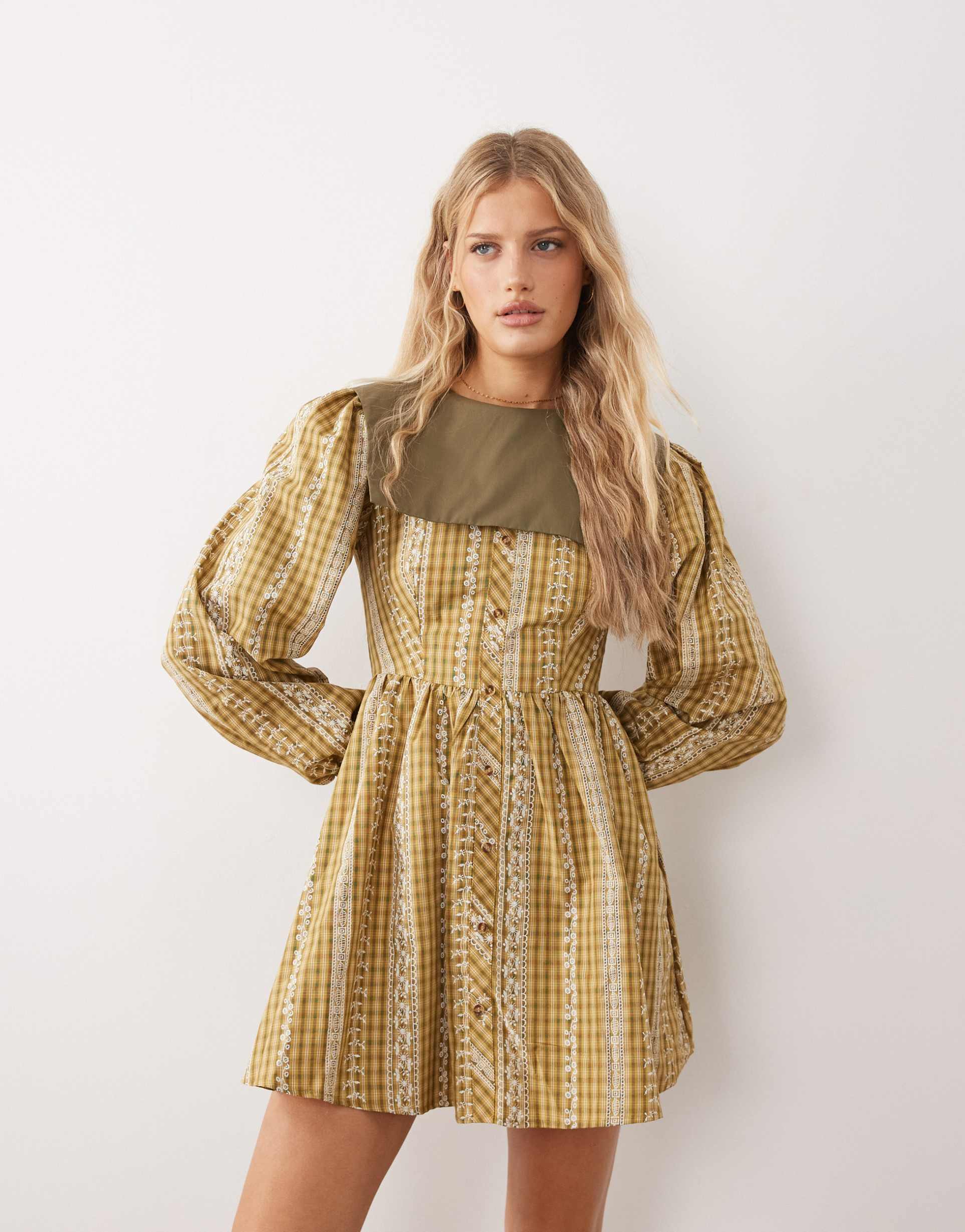 glamorous square collar mini babydoll dress in yellow plaid